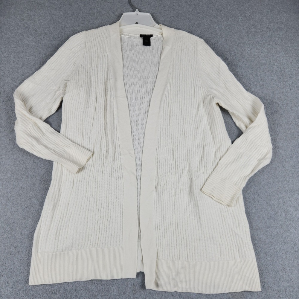 Ann Taylor Factory Cardigan Sweater Women Medium Beige Knitted Ribbed Open Front